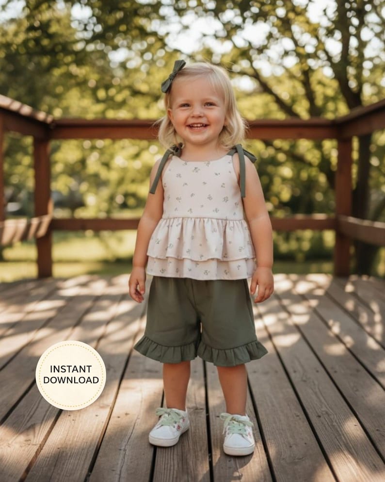 K&ouml;nnte beinhalten: Ein Kind tr&auml;gt ein zweiteiliges Outfit. Das Oberteil ist ein helles Tanktop mit floralem Muster und gr&uuml;nen Tr&auml;gern. Die Shorts sind olivgr&uuml;n mit R&uuml;schensaum. Das Kind tr&auml;gt auch eine passende Schleife und wei&szlig;e Turnschuhe.