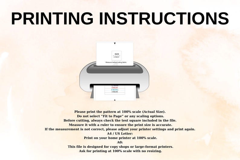 K&ouml;nnte beinhalten: Bild mit dem Text "PRINTING INSTRUCTIONS" &uuml;ber einer Grafik eines Druckers. Die Anweisungen raten dazu, das Muster im Ma&szlig;stab 100 % zu drucken, das Testquadrat zu &uuml;berpr&uuml;fen und die Druckereinstellungen bei Bedarf anzupassen. Enth&auml;lt A4/US Letter- und A0-Druckanweisungen.