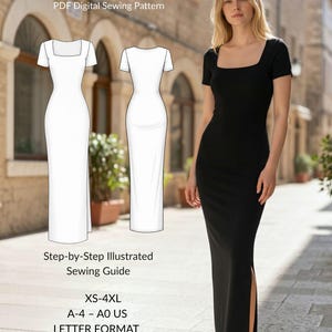 Könnte beinhalten: Ein schwarzes Maxikleid mit quadratischem Ausschnitt, kurzen Ärmeln und einem Seitenschlitz. Das Bild enthält ein digitales PDF-Schnittmuster namens Linea Maxi Dress mit einer schrittweisen illustrierten Nähanleitung für die Größen XS-4XL.