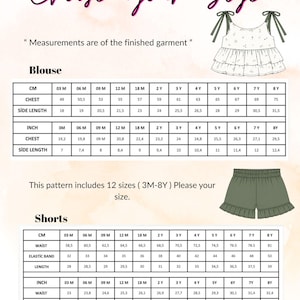 K&ouml;nnte beinhalten: Gr&ouml;&szlig;entabelle f&uuml;r ein Kinderblusen- und Shorts-Set. Die Bluse ist wei&szlig; mit floralem Druck und Bindetr&auml;gern. Die Shorts sind olivgr&uuml;n mit R&uuml;schensaum. Ma&szlig;e in cm und Zoll.