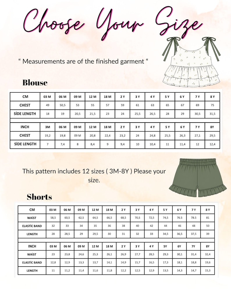K&ouml;nnte beinhalten: Gr&ouml;&szlig;entabelle f&uuml;r ein Kinderblusen- und Shorts-Set. Die Bluse ist wei&szlig; mit floralem Druck und Bindetr&auml;gern. Die Shorts sind olivgr&uuml;n mit R&uuml;schensaum. Ma&szlig;e in cm und Zoll.
