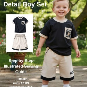 Puede incluir: Un conjunto para niño en azul marino y beige con detalle de bolsillo falso. El conjunto incluye una camiseta de manga corta y pantalones cortos. La camiseta tiene cuello y bolsillo beige. Los pantalones cortos tienen un ribete negro. También está el texto "Faux Pocket Detail Boy Set".