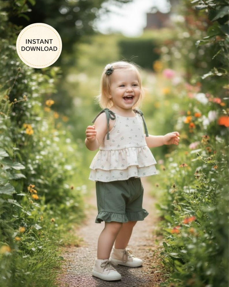 K&ouml;nnte beinhalten: Ein junges Kind tr&auml;gt ein cremefarbenes Oberteil mit Blumenmuster und gr&uuml;ne Shorts mit R&uuml;schensaum. Das Kind l&auml;chelt und geht auf einem Steinweg, umgeben von Blumen. Das Oberteil hat gr&uuml;ne Bindeb&auml;nder. Das Bild enth&auml;lt eine kreisf&ouml;rmige Grafik "SOFORT-DOWNLOAD".