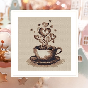 Kreuzstichmuster Kaffeetassen - anfängerfreundlich, Herz Design (PDF-Muster)