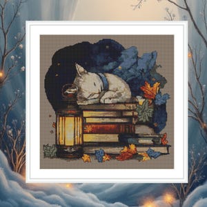 Book Nook Sleeping Cat Cross-Stitch Pattern | PDF Instant Download