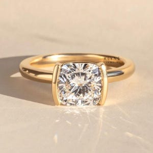 Delicate Solitaire Engagement Ring, Half Bezel Wedding Ring, 2.1 Ct Cushion Moissanite Ring, Proposal Ring For Her, Daily Wear Gift Ring
