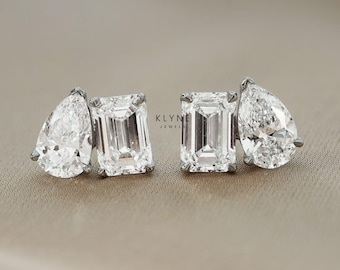 Toi Et Moi Stud Moissanite Earrings, 3.3 Ct Pear & Emerald Cut Moissanite Earrings, Daily Wear Dainty Earrings, Silver Birthday Gift For Her
