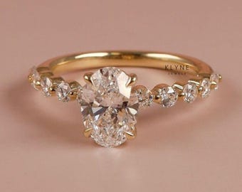 Beautiful 1.74 Oval Moissanite Ring, Wedding Bridal Ring, 14K Yellow Gold Plated Ring, Solitaire with Accent Engagement Ring, Women's Ring