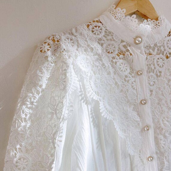 Vintage Lace Blouse Women Long Sleeve | Victorian Crochet Lace Top