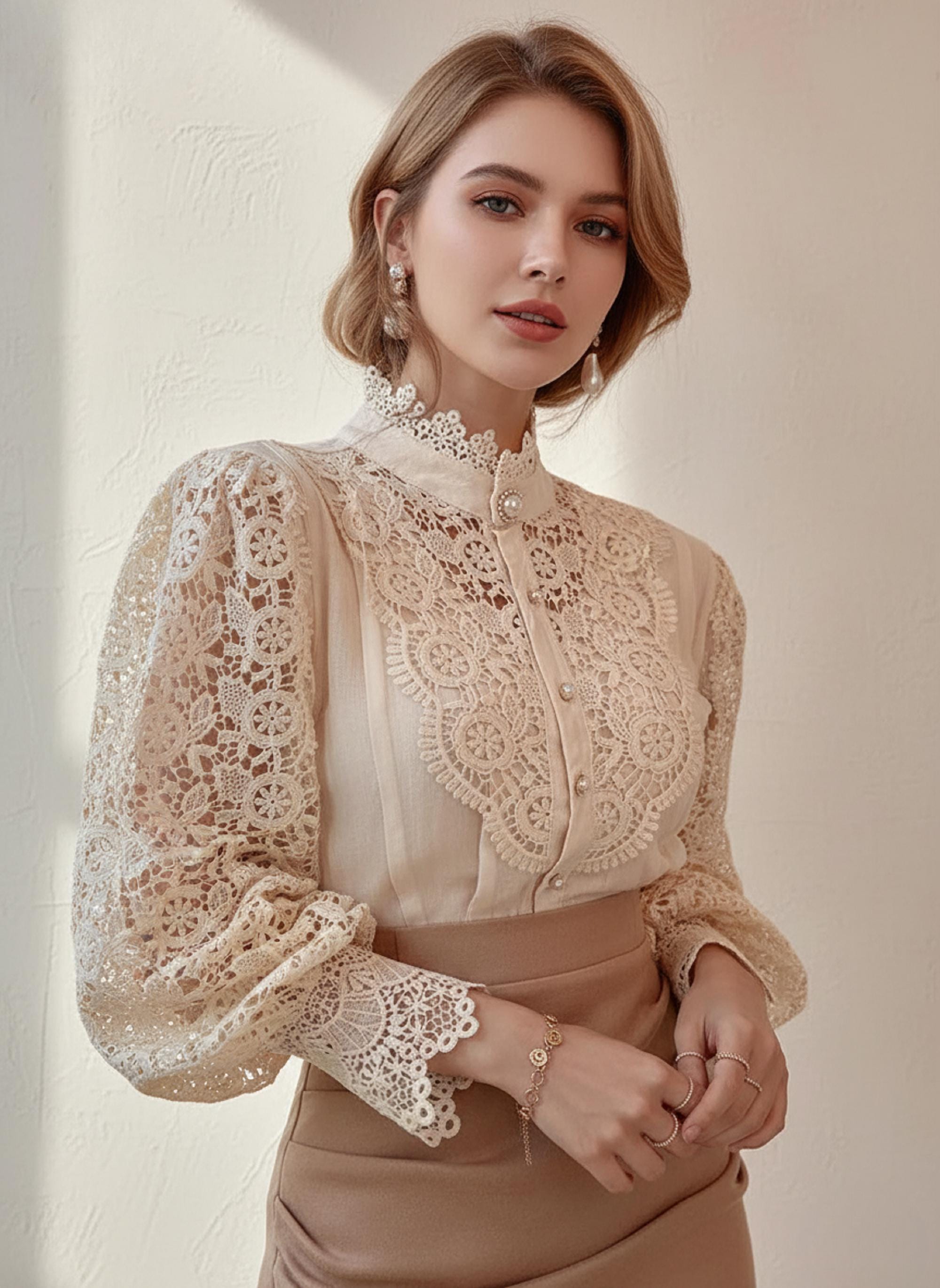 Vintage Lace Blouse Women Long Sleeve | Victorian Crochet Lace Top