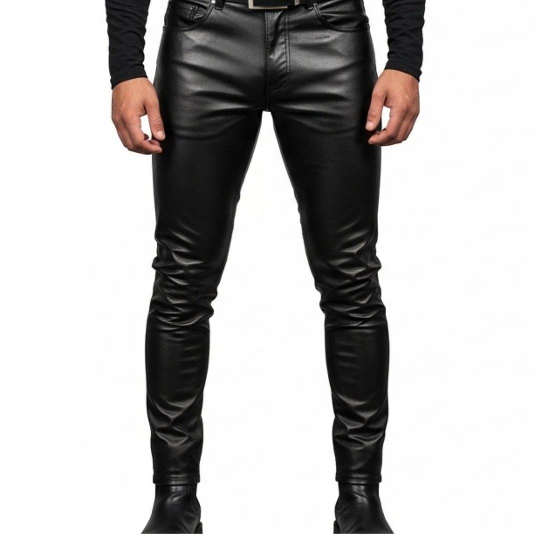 Men's Rocker Pants Mens Genuine Sheepskin Leather Pants – Handmade Black Motorcycle Biker ...
