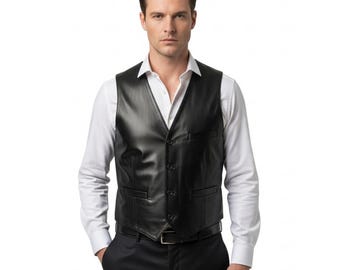 Mens Genuine Black Leather Vest – Handmade Sheep Leather Waistcoat, Vintage Western Steampunk Gothic Biker Style, GIFT FOR HIM