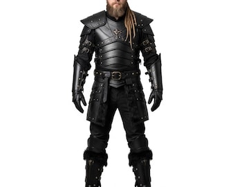 ハンドメイドの黒革製バイキングアーマー（毛皮付き） - 中世の騎士戦士コスチューム、LARPファンタジーコスプレ衣装、ゴシックアーマー - 彼へのギフト