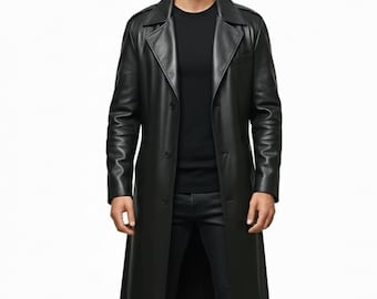 Handmade Leather Trench Coat for Men – Full-Length Black Duster, Steampunk Gothic Streetwear, Long Cosplay Leather Jacket – Gift for Him