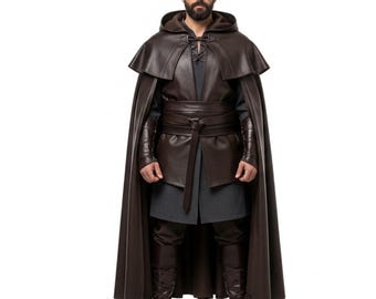 Handmade Leather Hooded Cloak – Medieval Renaissance Fantasy Cape, Long Brown Viking Armor Cloak, LARP Cosplay Costume – Gift for Him
