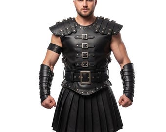 Conjunto de armadura de couro medieval e kilt feito à mão – Traje de guerreiro viking gladiador, traje LARP para festival renascentista – Presente para ele