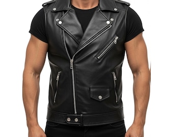 Mens Genuine Leather Biker Vest – Handmade Sleeveless Motorcycle Jacket, Punk Rock Real Leather Waistcoat, Moto Clubwear, GIFT FOR HIM