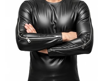 Mens Handmade Black Sheep Leather Shirt – Real Leather Zip Up Biker Top, Gothic Punk Rock Clubwear Festival Outfit, GIFT FOR HIM