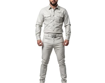 Handcrafted White Cow Leather Pant & Shirt Set – Made-to-Order Festival Outfit, Cosplay Costume, Gothic Streetwear – Gift for Him