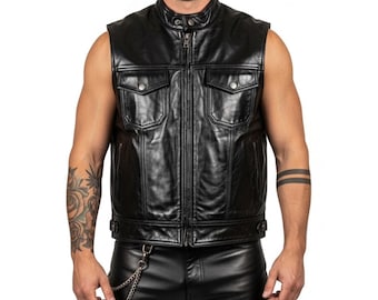 Zwart echt leren herenvest – handgemaakt mouwloos biker-motorclubvest, rockerstijl met rits aan de voorkant, cadeau voor hem