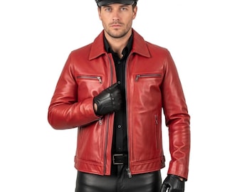 Mens Genuine Leather Shirt – Handmade Red Zip Up Biker Clubwear Top, Gothic Fetish Cosplay Rave Costume Outfit, GIFT FOR HIM