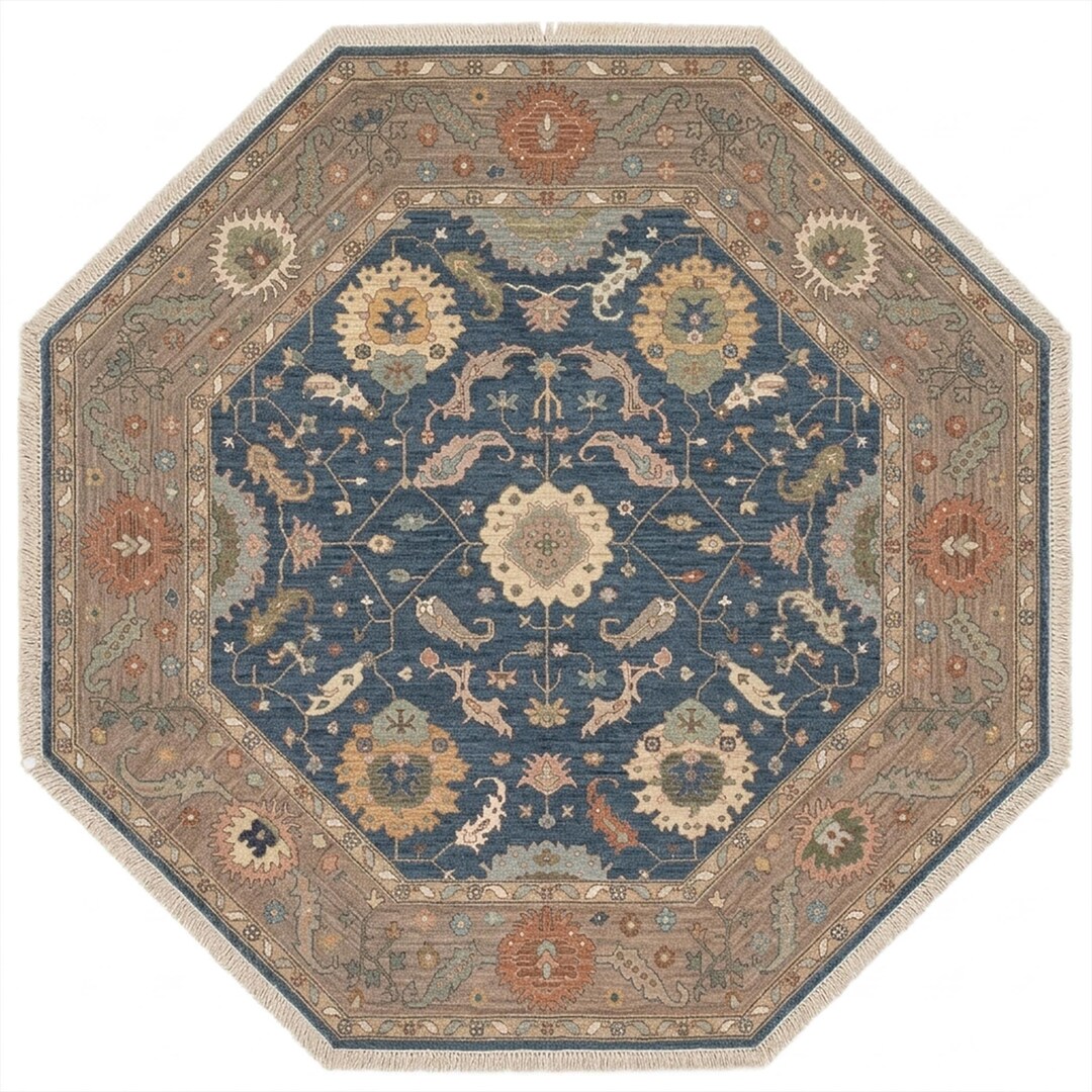 Octangular Rugs Wayfair Octagon Hand Knotted Wool Rug, 8-sided Muted Slate Blue and Taupe Area ...
