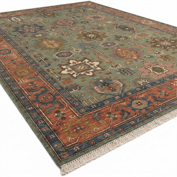 Hand Knotted Green Oushak Rug, Traditional Turkish Area Rug, Vintage Wool Carpet for Living Room, Large Geometric Rug, Soft Sage Green Rug