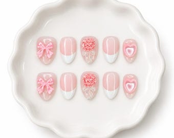 Medium Pink Press On Nails Bow | Coquette Nails Handmade | Cute Heart Nails | French Tip Press Ons | Kawaii False Nails | Reusable Nails