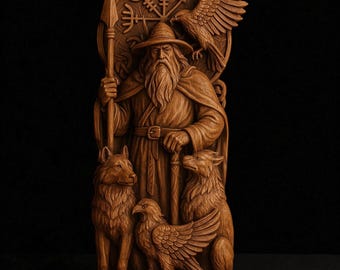Standbeeld Odin, god Odin, Wodan, Wuotan, Wotan, Wodan, houten standbeeld Noordelijke god, Noorse heidense decor, altaarstandbeeld Odin Viking heidense Noorse mythologie