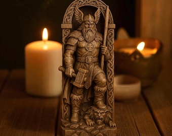 Statua del dio nordico Thor, altare della mitologia norrena, statua in legno intagliata a mano di Thor, statua del dio scandinavo, idolo nordico di Thor, mitologia Asatru