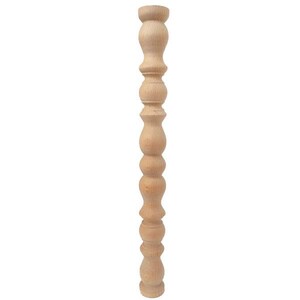May include: A turned wooden furniture leg, unfinished and ready for staining or painting. The leg features a series of rounded and bulbous shapes, creating a decorative and classic design. The wood has a natural, light brown colour.