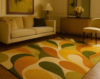 Mid-Century Modern Retro Leaf Pattern Area Rug | Mustard, Orange & Olive Green Wool Abstract Carpet | Vintage 70s Inspired Living Room Rug |