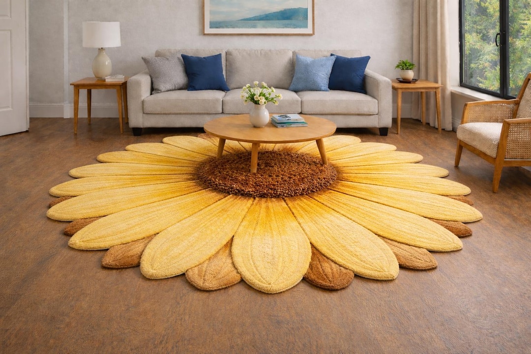 Hand Tufted Sunflower Round Area Rug, Yellow Floral Wool Carpet, Modern ...