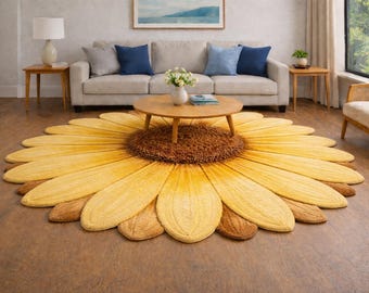 Sunflower Round Area Rug, Yellow Floral Wool Carpet, Modern Living Room & Bedroom Floor Rug, Cheerful Home Decor