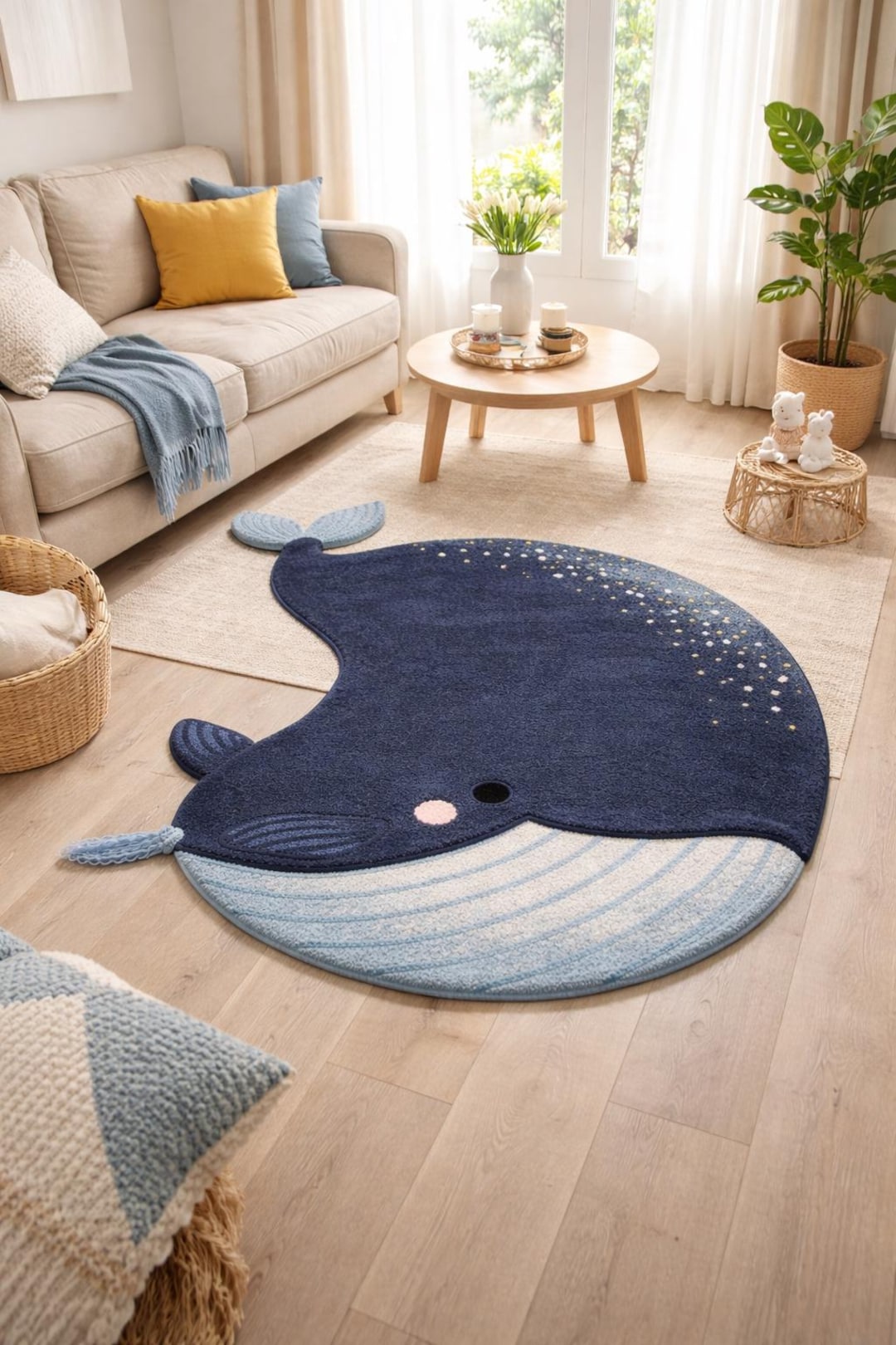 Hand Tufted Wool Whale Rug, Navy & Light Blue Ocean Theme Wool Carpet ...