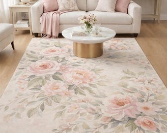 Hand Tufted Floral Area Rug, Soft Blush Pink Rose Pattern Wool Carpet, Elegant Vintage-Inspired Rug for Living Room Bedroom Home Decor
