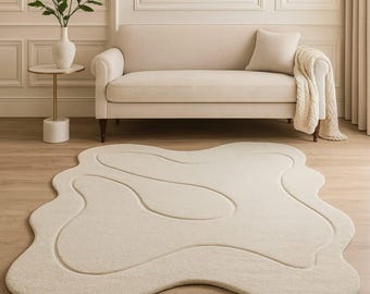 Organic R Shaped Rug Modern Cream Organic Shape Wool Rug-handmade Minimalist Sculpted Carpet ...