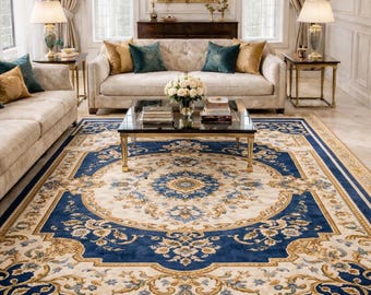 Heritage Traditional Floral Wool Rug, Hand Tufted Classic Blue, Beige Area Carpet for Formal Living Room, Bedroom Decor