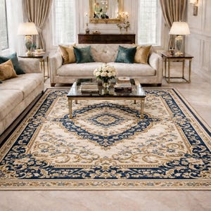 May include: A rectangular area rug featuring a cream-colored center with a large, intricate navy blue and gold floral medallion pattern. The border displays a repeating navy blue and gold scrollwork design with floral accents throughout the rug.