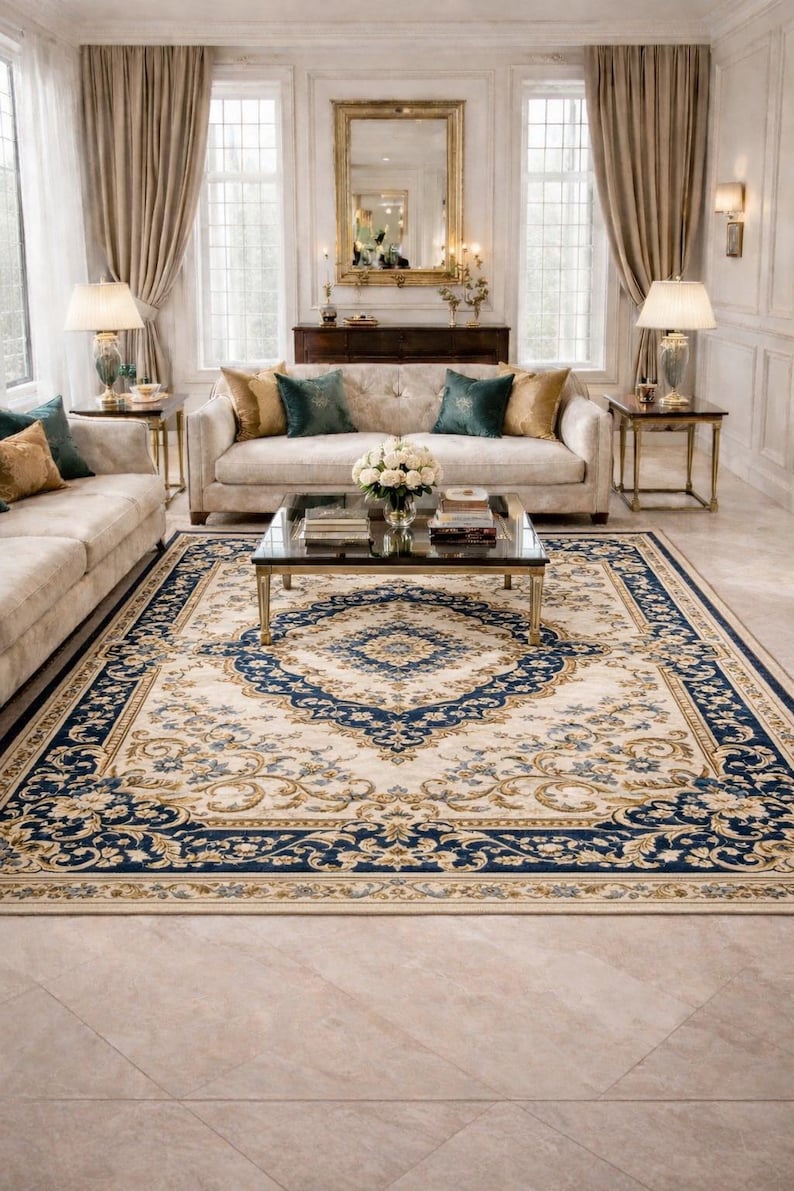 May include: A rectangular area rug featuring a cream-colored center with a large, intricate navy blue and gold floral medallion pattern. The border displays a repeating navy blue and gold scrollwork design with floral accents throughout the rug.