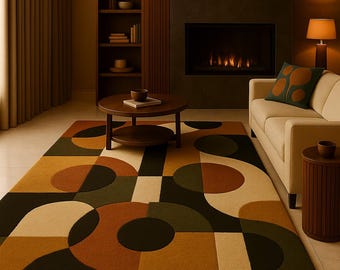 Handmade Wool Rug: Retro Geometric Mid-Century Modern Area Carpet in Warm Earth Tones For Living Room or Cozy Home Decor