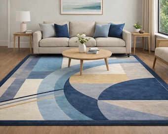 Modern Abstract Area Rug, Blue & Beige Geometric Carpet, Contemporary Living Room Rug, Minimal Home Decor
