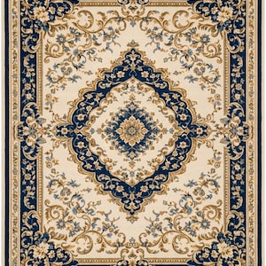 May include: A rectangular area rug featuring a cream-colored center with a large, intricate navy blue and gold floral medallion. The border consists of a wide navy blue frame adorned with scrolling gold vines, flowers, and cream-colored accents.