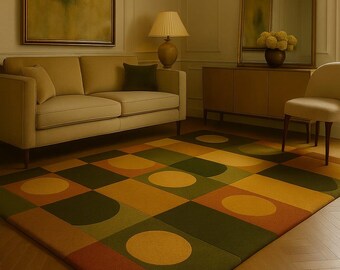 Modern Retro Area Rug | Green, Mustard & Orange Geometric Circle Carpet | 70s Inspired Vintage Living Room Decor | Soft Plush Floor Art