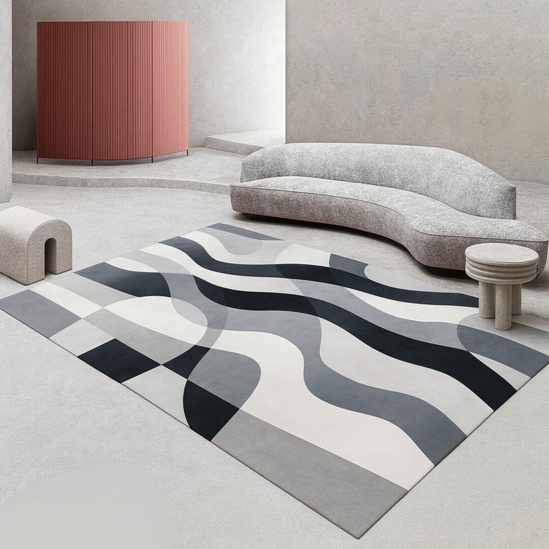 Modern Black & Grey Wool Wave Area Rug | Abstract Curvy Pattern Carpet ...