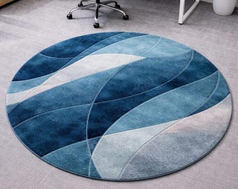 Hand Tufted Blue Abstract Round Area Rug, Modern Geometric Wool Carpet, Office & Living Room Floor Rug, Contemporary Decor