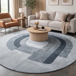 Scandinavian Arch Pattern Round Rug – Handmade Tufted Contemporary Gray Blue Circular Carpet, Modern Geometric Living Room Bedroom Area Rug