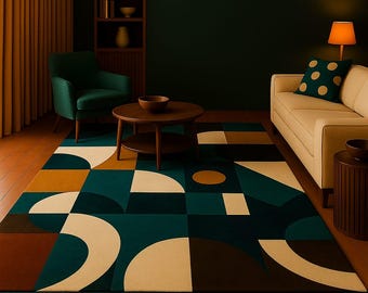 May include: A geometric patterned area rug in a living room setting. The rug features a design of teal, brown, beige, and mustard yellow shapes. The room includes a cream-colored sofa, a green armchair, and a wooden coffee table.