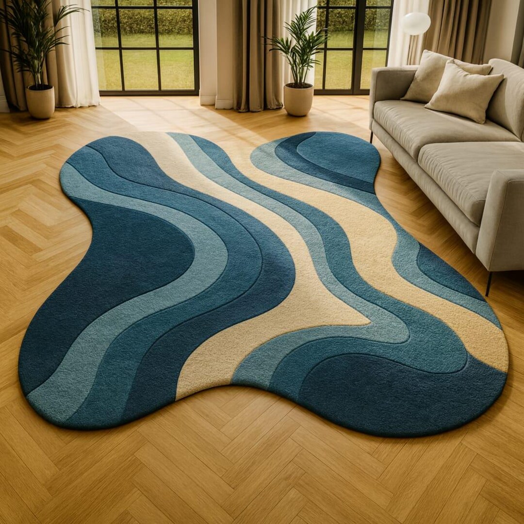 Modern Blue Wave Area Rug | Curvy Abstract Shape Carpet in Teal, Navy ...