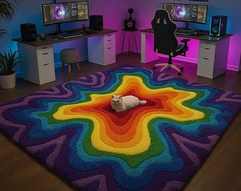May include: A colorful, rainbow-patterned rug dominates the room, with a white cat resting in the center. The rug's design resembles a stylized flower or sun. Two computer desks with monitors and speakers are visible in the background.